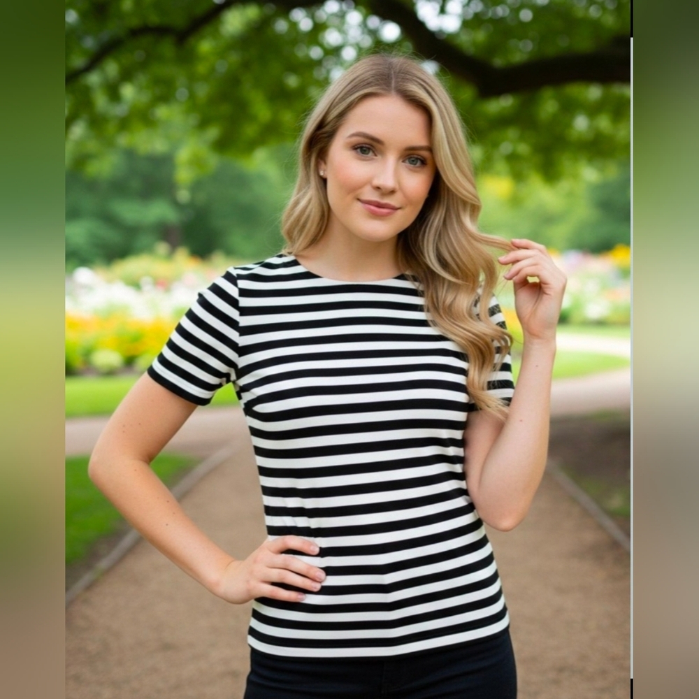 MICHAEL KORS Women Horizontal Stripe Ponte Blouse in Black and White